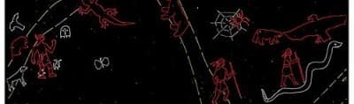 Native American Mythology cylinder film: red and white line-art figures on black.